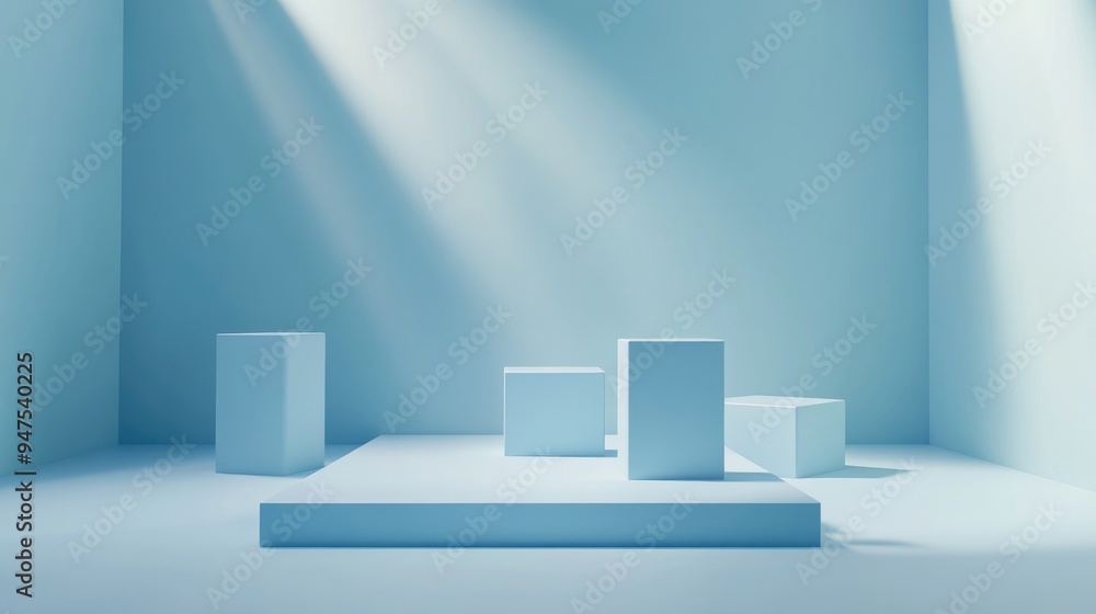 Poster studio setup featuring a light blue backdrop with cube pedestals of varying sizes 3d illustration an