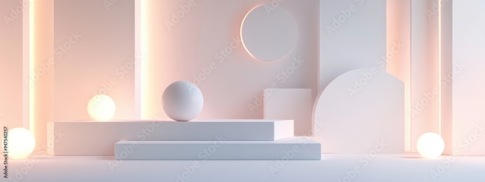 Poster Minimalistic 3D rendering of a white geometric shape scene