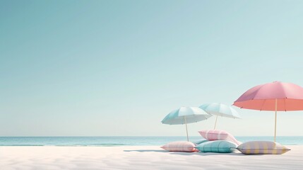 A vibrant 3D illustration of a tropical beach with colorful beach towels, umbrellas, and a clear ocean view, offering generous copy space in the sky and sand areas.