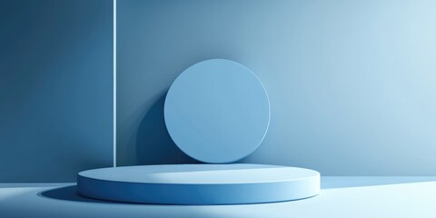 Modern blue podium with a minimalistic design set against a studio background Abstract 3D geometric shape illustration for product display