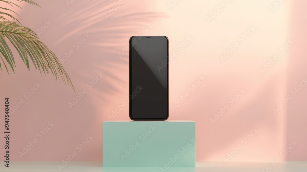 Poster Black smartphone on a creative square pedestal set against a light gradient background featuring a mock up display Ad concept 3D rendering