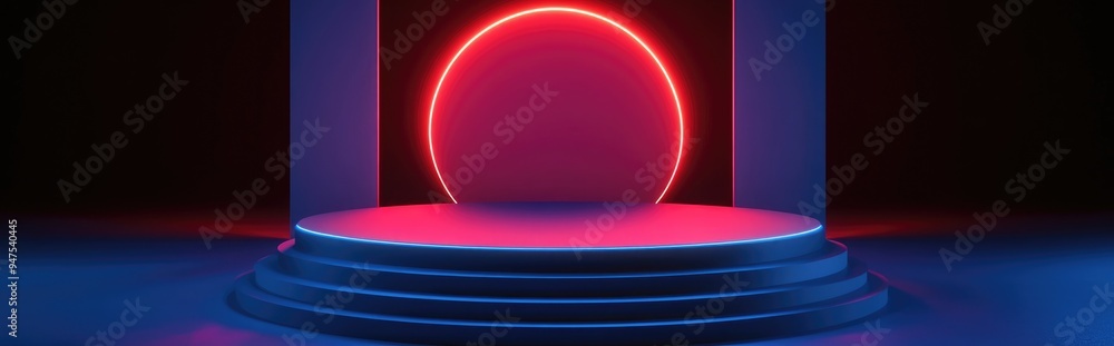 Aufkleber Empty podium with geometric shapes in a blue composition for a modern stage display and minimalist mockup serving as an abstract showcase background 3D illustration or render concept