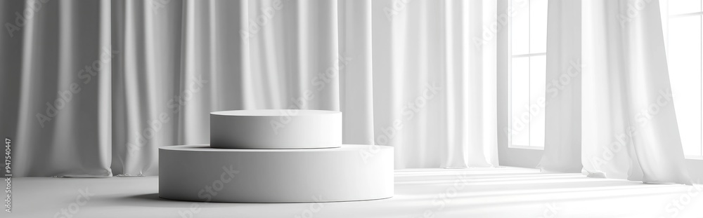 Poster white cylindrical display with abstract minimal geometric podium for product packaging mock up prese