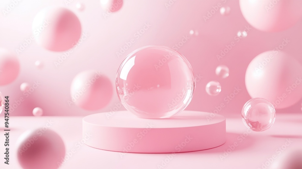 Poster Cosmetics display stand with a spherical design on a pink backdrop 3D rendering of cosmetic bubbles in a defocused setting