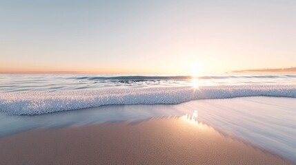 A serene 3D beach scene at sunrise with warm hues in the sky and calm water, offering generous copy space in the sky and water areas.