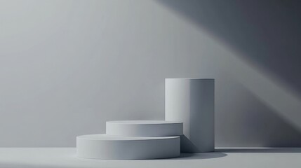 Fototapeta premium Realistic 3D cylinder steps pedestal podium arrangement Minimal gray backdrop ideal for product display