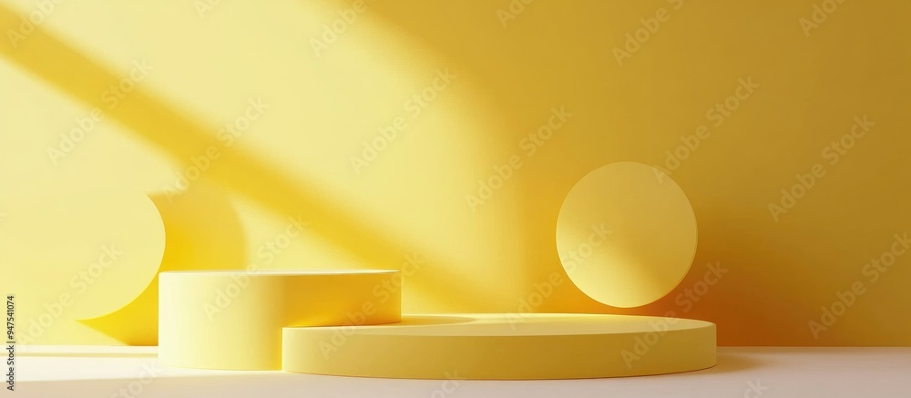 Poster yellow podiums against a pastel backdrop an abstract minimalist setting featuring geometric shapes i