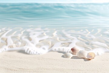 A serene 3D beach background with a sandy shoreline, clear water, and a few scattered seashells, offering generous copy space in the upper portion of the image.