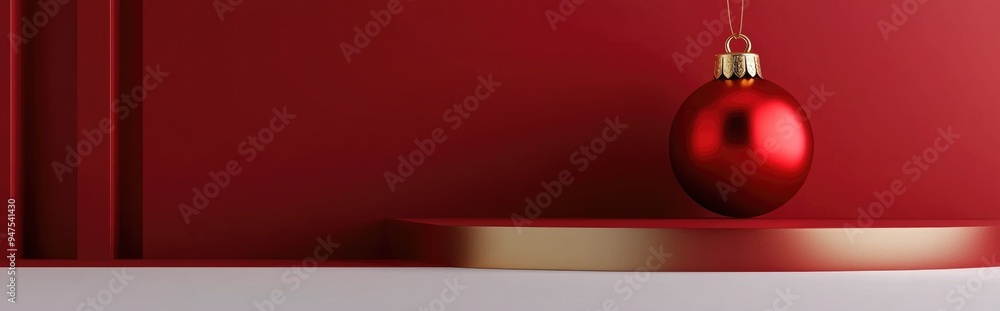 Poster isolated podium for christmas featuring a red and gold bauble for product presentation 3d rendering