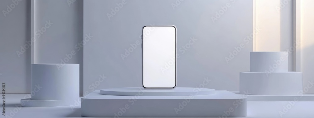 Poster Minimalist smartphone mockup background featuring a frameless white mobile phone in 3D render Conceptual technology gadget display with platforms and podiums for product showcasing