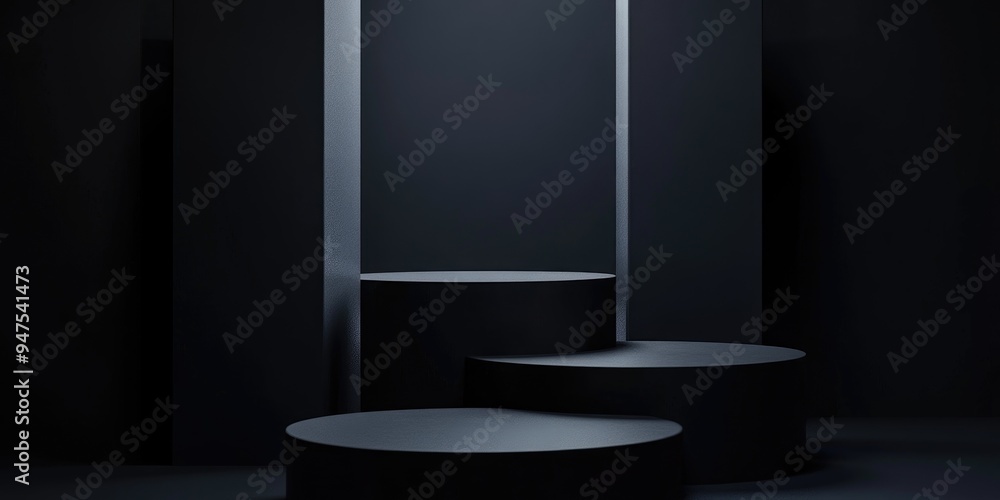 Aufkleber minimalist dark setting featuring cylindrical podiums against a black background abstract geometric 