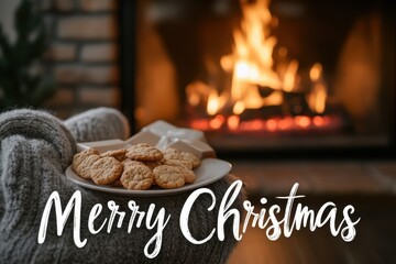 Obraz premium Christmas Eve Fireplace Collage: Images of a roaring fireplace with stockings, gifts, and a plate of cookies for Santa. The text 