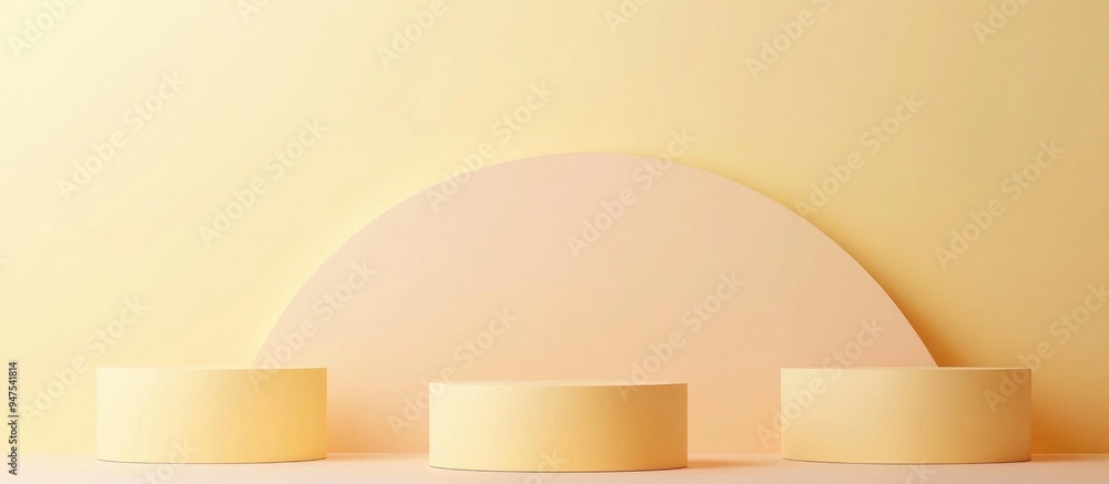 Poster Yellow podiums against a pastel backdrop An abstract minimalist setting featuring geometric shapes ideal for showcasing cosmetic products Empty design space for mockups display or presentation pur