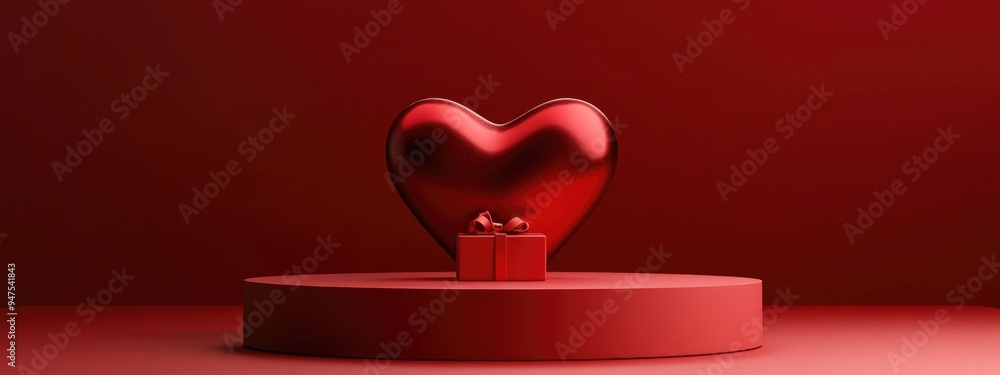 Poster Minimalistic podium display featuring a red heart and a gift box adorned with a ribbon bow set against a red backdrop 3D render