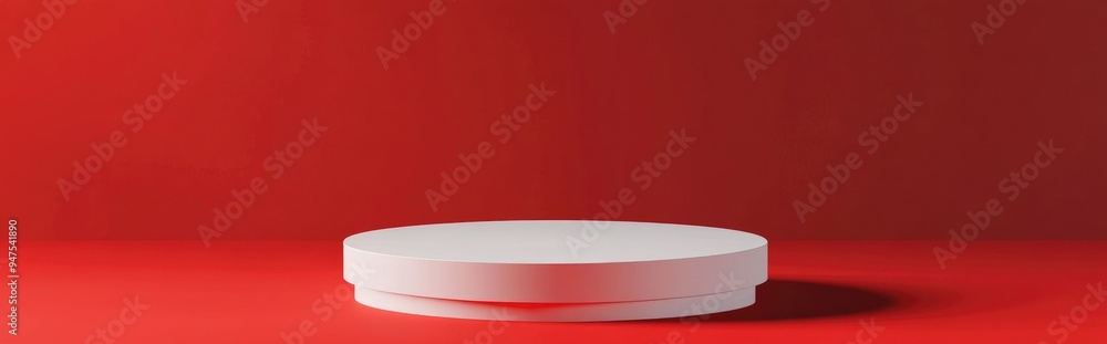 Poster white circular podium against a red backdrop 3d visualization