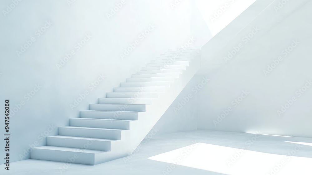 Poster white stairs ascending in a bright empty space symbolizing growth and success 3d rendering