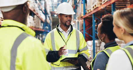 Logistics, planning and people with tablet in warehouse for supply chain, stock inspection and...