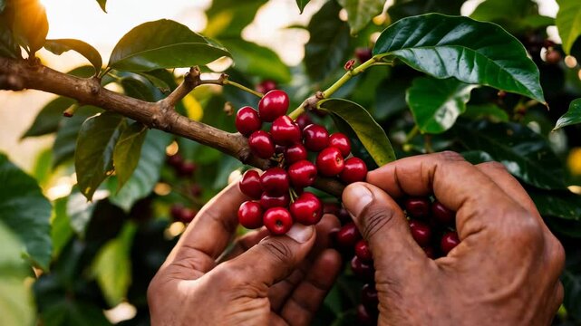 Picking Coffee Cherries From a Coffee Plant