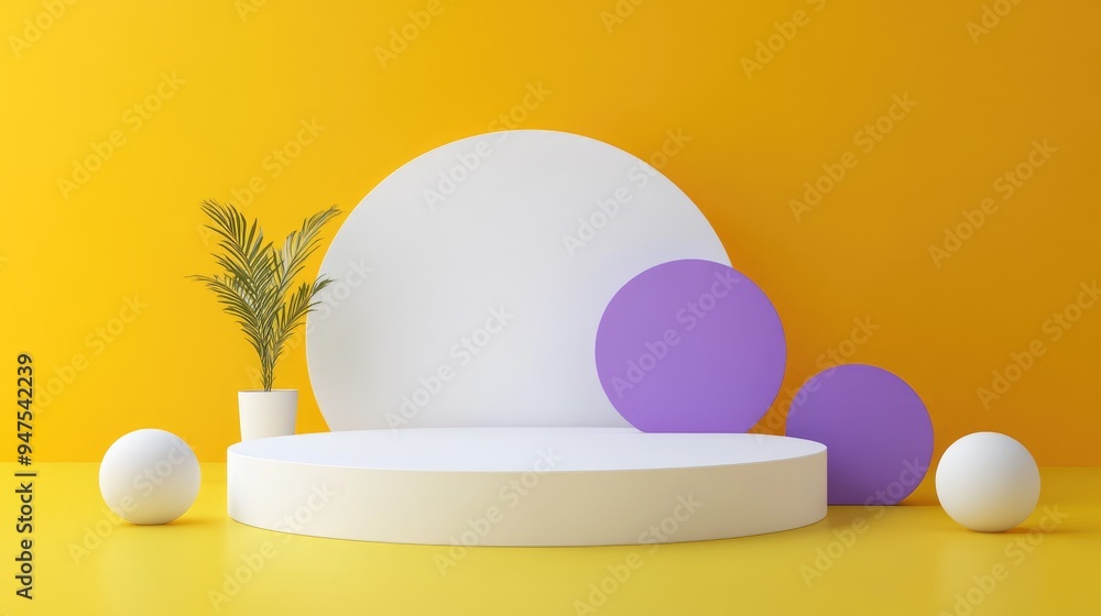 Poster Abstract geometric shapes white and purple podium on a yellow background for product display Minimalist concept 3D rendering