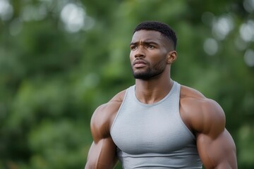 A focused athlete preparing for a workout outdoors, showcasing strength and determination in a natural setting.