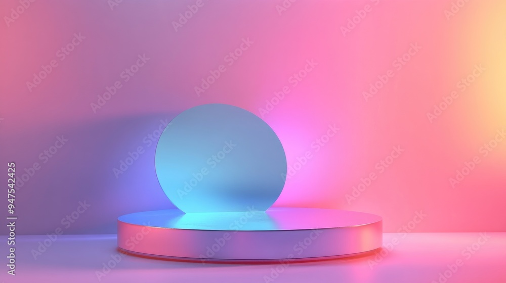 Aufkleber two holographic color podiums with round displays set against a pink and blue light background 3d il