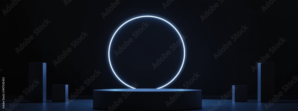 Wall mural Glossy black podium in a studio setting Stage backdrop featuring a round pedestal and square frame accompanied by two cylindrical blocks representing an abstract minimal concept Elegant minimalist