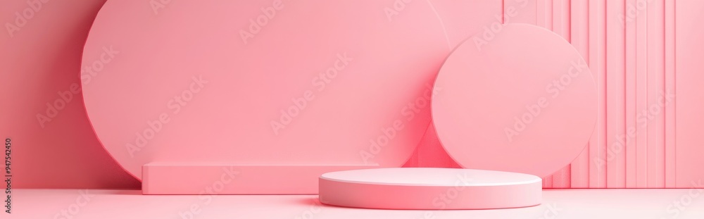 Poster creative mock up featuring geometric podium shapes for product presentation against a pink backdrop 