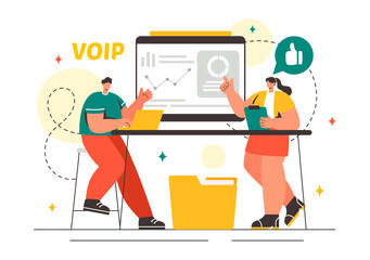 VOIP or Voice Over Internet Protocol Vector Illustration with Telephony Scheme Technology and Network Phone Call Software in Flat Background