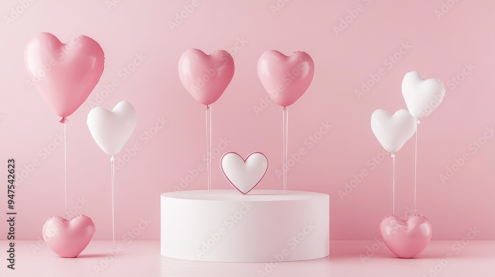 Poster pink and white cylindrical product display featuring a valentine s day theme heart shaped balloons a
