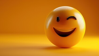 Fototapeta premium Yellow emoji with cheeky smile and winking eye, playful, 3D design, glossy finish.