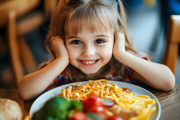 Close up portrait of smiling Cute little kid girl eating dinner