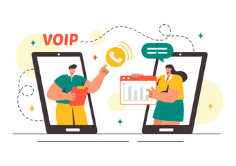 VOIP or Voice Over Internet Protocol Vector Illustration with Telephony Scheme Technology and Network Phone Call Software in Flat Background
