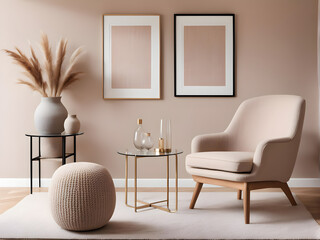 Interior design of aesthetic and modern room with mock up poster frame, beige boucle armchair, glass vase, side tables, decoration, carpet and personal accessories. Home decor.