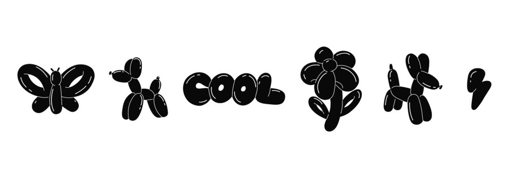 Balloon animals. inflatable dog flower and butterfly. Black glossy decorative rubber toy. Birthday celebration party festive y2k decor children holidays vector cartoon flat style isolated illustration