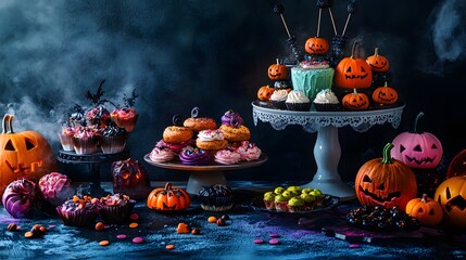 A colorful selection of Halloween treats in playful arrangements with spooky decorations adding to the festive charm
