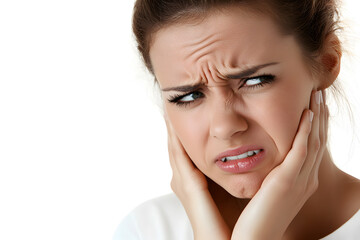 Naklejka premium Closeup portrait of woman having toothache isolated on white background. Female suffering with a painful, hurting or inflammation in her mouth