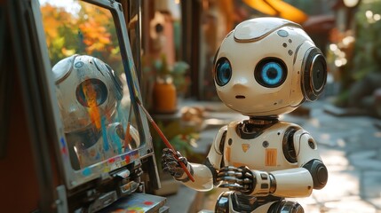 Fototapeta premium Robot Artist Painting a Self-Portrait