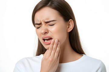 Fototapeta premium Closeup portrait of woman having toothache isolated on white background. Female suffering with a painful, hurting or inflammation in her mouth