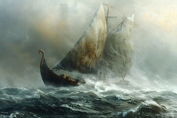 Viking Ship Battling a Storm.