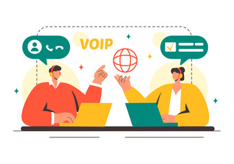 VOIP or Voice Over Internet Protocol Vector Illustration with Telephony Scheme Technology and Network Phone Call Software in Flat Background
