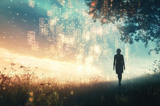 Silhouette walking towards digital matrix in nature