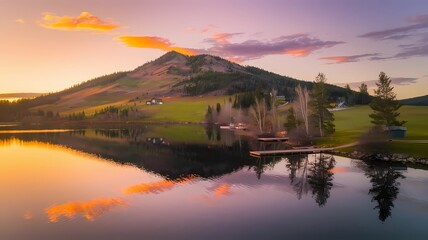 A drone's aerial photo of a serene landscape at sunset. There's a calm lake reflecting the orange and purple sky. 