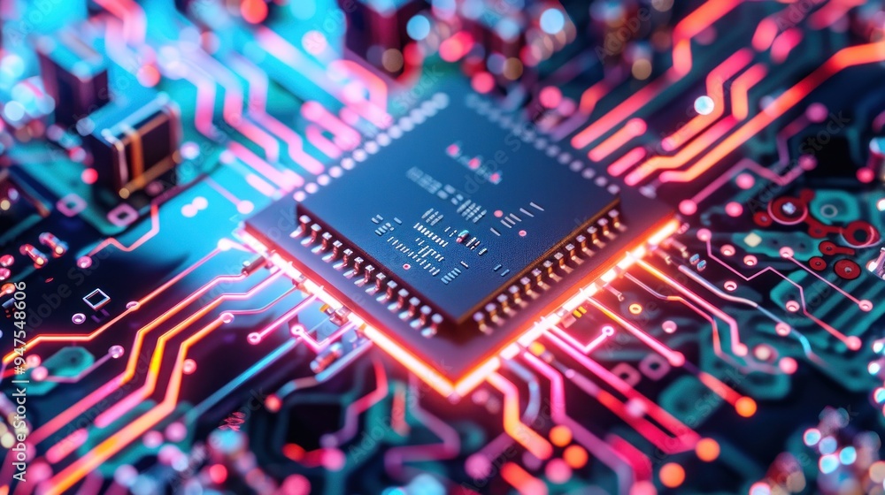 Aufkleber closeup of a glowing circuit board with a processor chip in the center