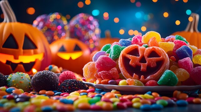 A colorful selection of Halloween candies in playful arrangements with spooky decorations enhancing the festive atmosphere