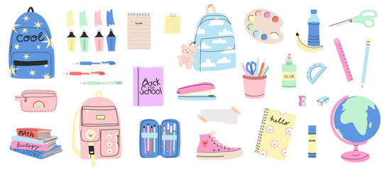 School supplies. Cute stationery. Backpack, pen and pencil. Study books. Stapler and glue. Adhesive tape and paper notes. Scissors or highlighter marker. Education vector cute cartoon illustration
