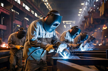 Skilled laborers weld steel and iron in an industrial plant, emphasizing safety with uniforms, masks, and organized welding stations