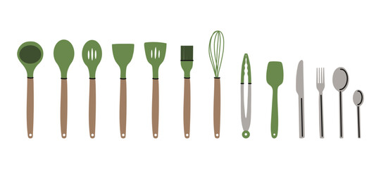 Kitchen cooking tools. Equipment for preparing food. Plastic cookers spoon and spatula and ladle. Cartoon flat style isolated vector illustration