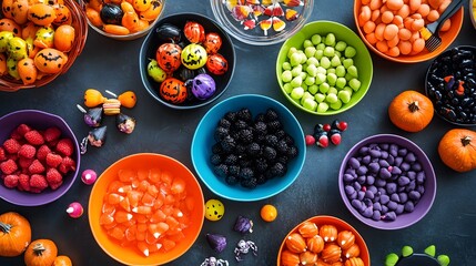 A variety of Halloween treats arranged in colorful bowls with spooky decorations creating a vibrant and playful atmosphere