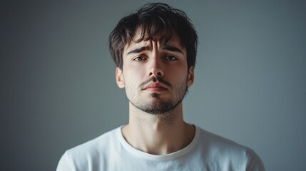 Obraz premium Portrait of Sad Man on Grey Background