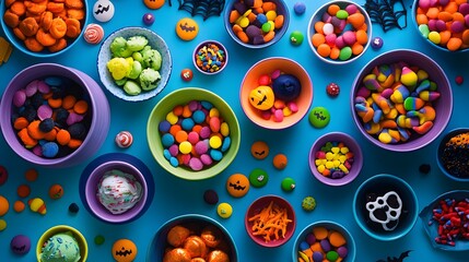 A variety of Halloween treats arranged in colorful bowls with spooky decorations creating a vibrant and playful atmosphere